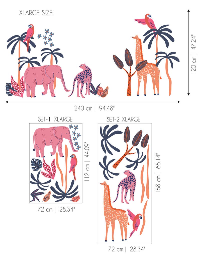 Op de afbeelding: Een set muurstickers met junglethema, voorzien van een roze olifant, een gevlekte luipaard, een giraf en papegaaien tussen palmbomen. De XLARGE-maat is 240 cm bij 120 cm. SET-1 is 72 cm bij 112 cm en SET-2 is 72 cm bij 168 cm groot.