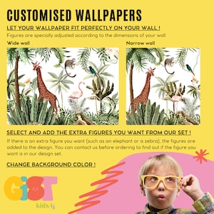 May include: Customized wallpaper design featuring a jungle scene with a giraffe, flamingo, and monkeys. The text reads "CUSTOMISED WALLPAPERS" and "LET YOUR WALLPAPER FIT PERFECTLY ON YOUR WALL!" with options for wide and narrow walls. The design includes the text "SELECT AND ADD THE EXTRA FIGURES YOU WANT FROM OUR SET !" and "CHANGE BACKGROUND COLOR!"