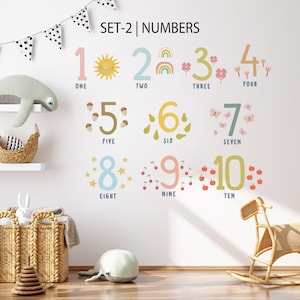 May include: Wall decals featuring numbers one through ten with accompanying words. Each number is a different color and decorated with illustrations such as a sun, rainbow, flowers, acorns, pears, butterflies, stars, and apples. The text "SET-2 | NUMBERS" is at the top.