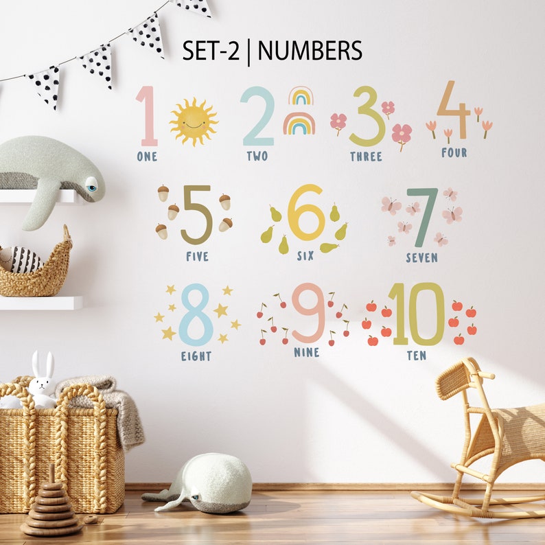 May include: Wall decals featuring numbers one through ten with accompanying words. Each number is a different color and decorated with illustrations such as a sun, rainbow, flowers, acorns, pears, butterflies, stars, and apples. The text "SET-2 | NUMBERS" is at the top.