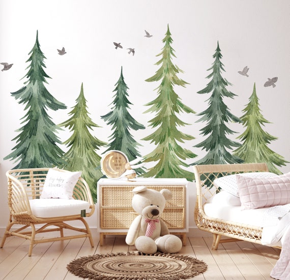 Watercolor Pine Tree Wall Decals Peel and Stick Large Tree Wall Sticker Tree Branches Wall Decal Forest Tree Wall Stickers for Living Room Bedroom