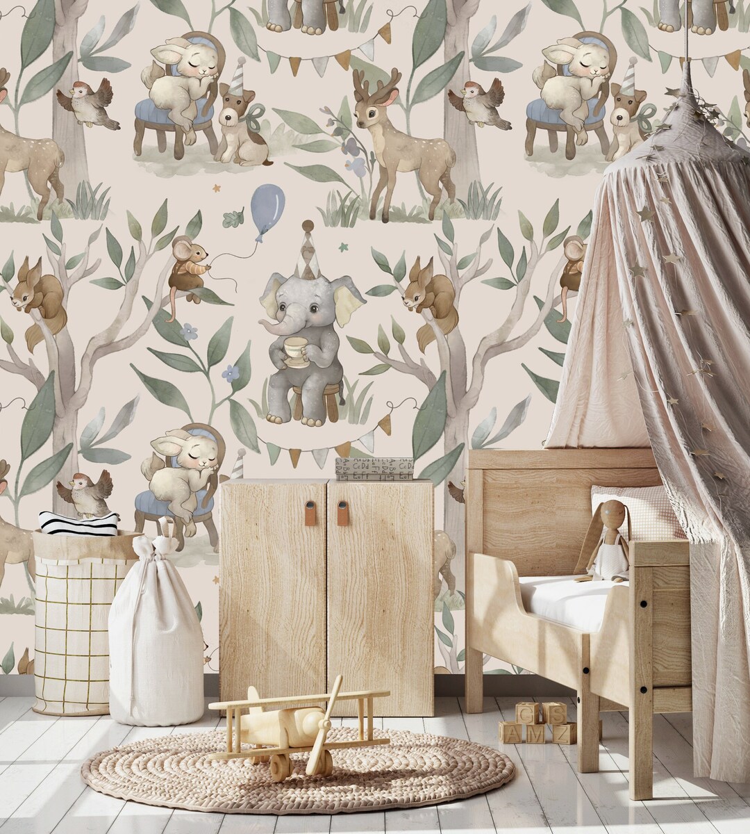 Woodland Pattern Wallpaper Nursery, Forest Wallpaper, Watercolor ...