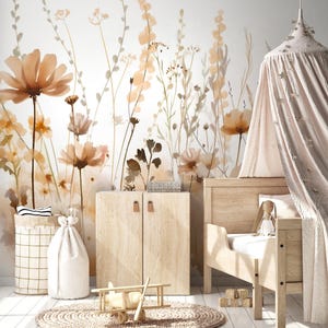 May include: A nursery scene with a floral wallpaper in shades of peach and brown. A wooden bed, cabinet, and toy airplane are featured. A round rug and a canopy add to the room's decor. A basket and a drawstring bag are also present.