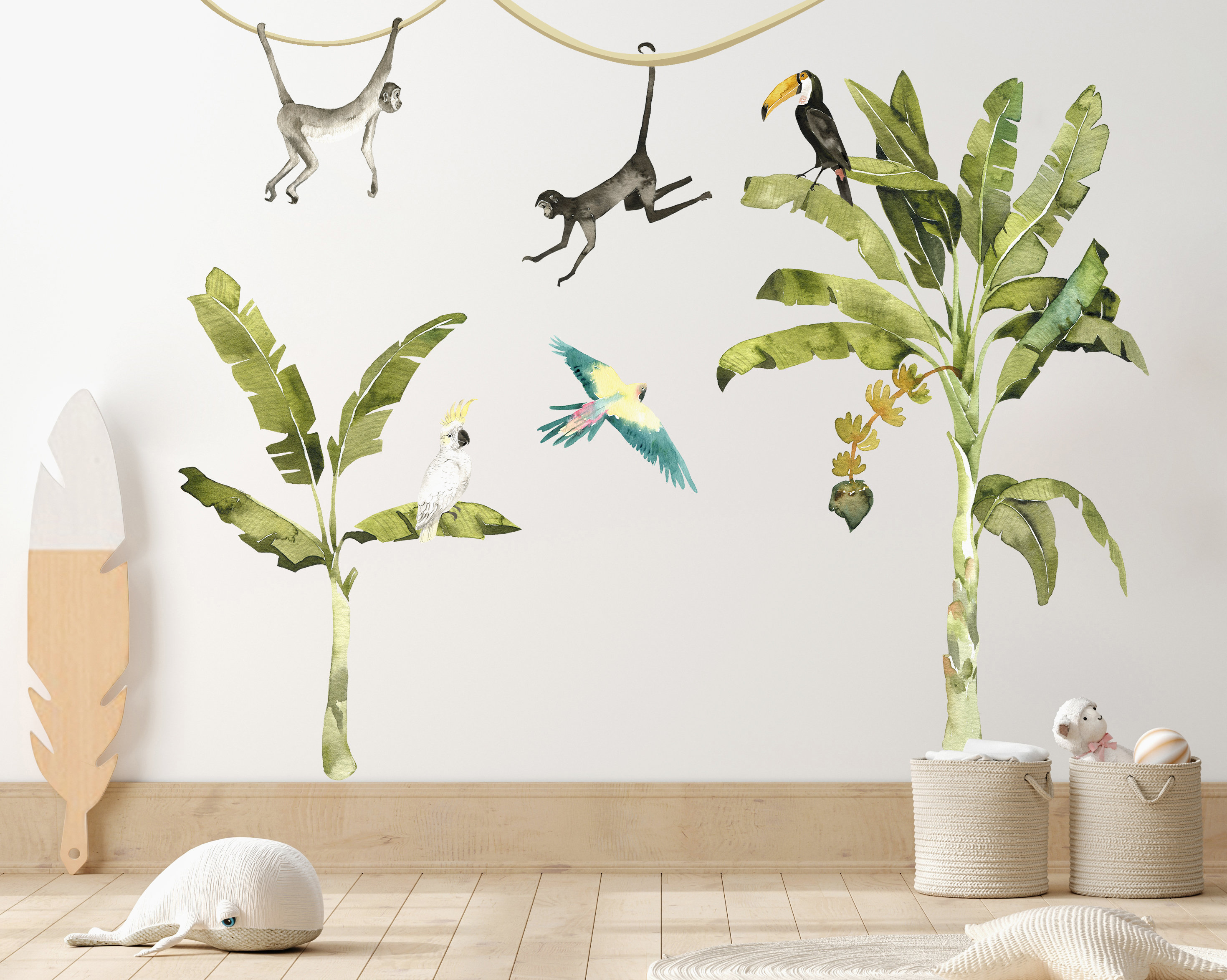 Jungle Animals Wall Decal, Monkey Palm Tree Wall Stickers, Safari ...