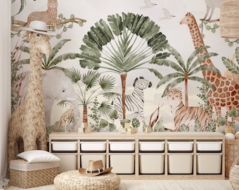 Kids Safari Jungle Animals Wallpaper , Peel and Stick Giraffe Nursery Mural , Kids Jungle Themed Wallpaper , Removable Baby Room Wallpaper