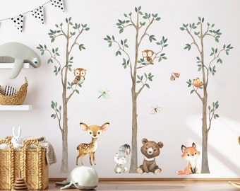 Woodland Tree Nursery Wall Decal, Watercolor Forest Animals Wall Sticker, Nursery Mural, Forest Wall Decal, Peel and Stick Tree Decal