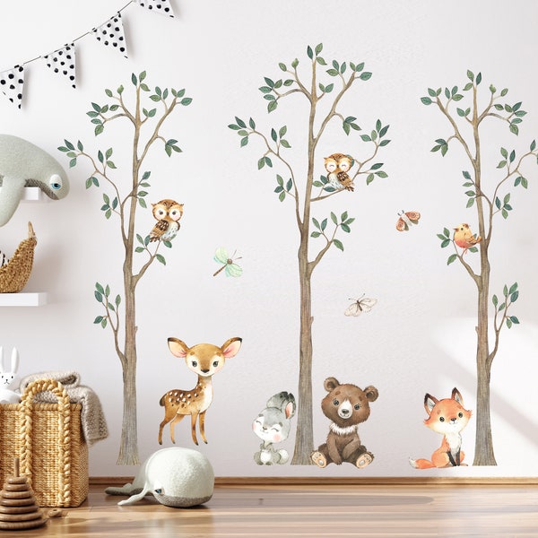 Woodland Tree Nursery Wall Decal, Watercolor Forest Animals Wall Sticker, Nursery Mural, Forest Wall Decal, Peel and Stick Tree Decal