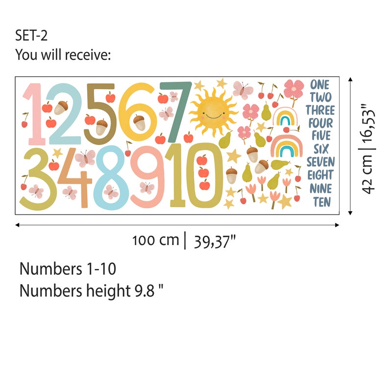 May include: A colorful wall decal featuring numbers 1-10 with a height of 9.8 inches. The design includes a sun, rainbows, butterflies, and fruits. The decal is 39.37 inches wide and 16.53 inches tall.