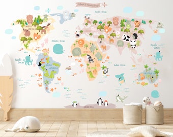 World Map Wall Decal, Animal World Map Decal, Kids World Map Decal, Nursery Map Decal