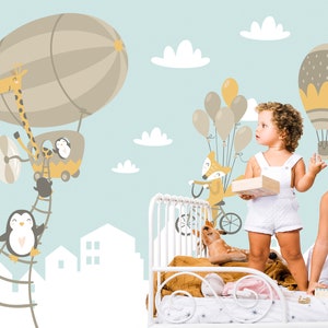 Air Balloon Wallpaper with Animals, Animals Peel and Stick Nursery Wallpaper,  Kids Wall Mural