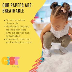 Puede incluir: Una ni&ntilde;a jugando con juguetes, con el texto &laquo;NUESTROS PAPELES SON TRANSPIRABLES&raquo;. El texto tambi&eacute;n enumera caracter&iacute;sticas como &laquo;No contienen productos qu&iacute;micos&raquo; y &laquo;Antibacteriano y transpirable&raquo;. El logotipo de &laquo;GIST kids&raquo; est&aacute; en la parte inferior.
