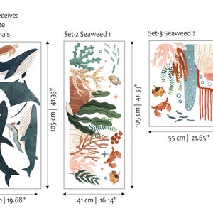 May include: Wall decals featuring marine life and seaweed designs. Set-1 Animals includes whales, a turtle, and jellyfish, measuring 19.68" wide and 41.33" high. Set-2 Seaweed 1 is 16.14" wide and 41.33" high. Set-3 Seaweed 2 is 21.65" wide and 22.83" high.