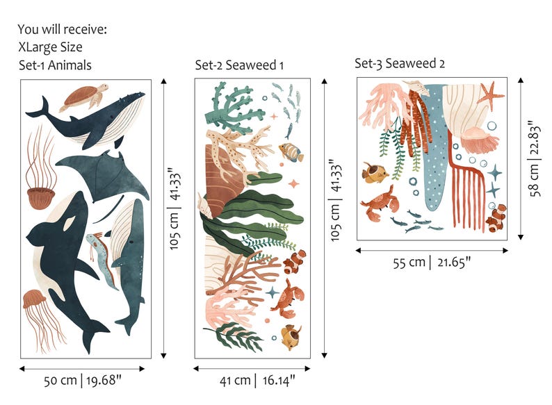 May include: Wall decals featuring marine life and seaweed designs. Set-1 Animals includes whales, a turtle, and jellyfish, measuring 19.68" wide and 41.33" high. Set-2 Seaweed 1 is 16.14" wide and 41.33" high. Set-3 Seaweed 2 is 21.65" wide and 22.83" high.