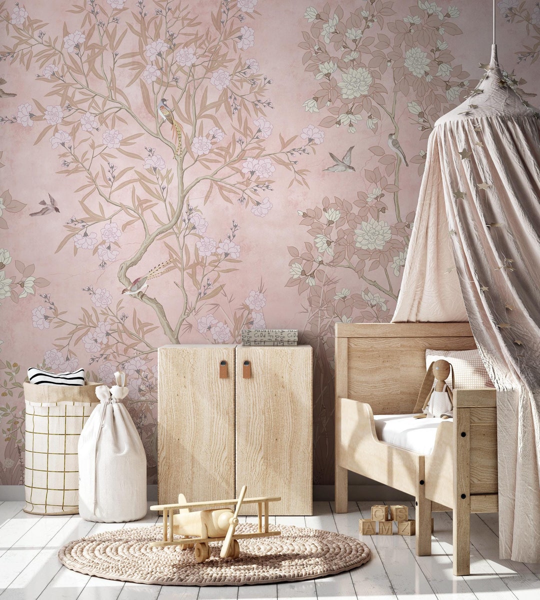 Nursery Chinoiserie Floral Peel and Stick Wallpaper With Birds, Kids ...