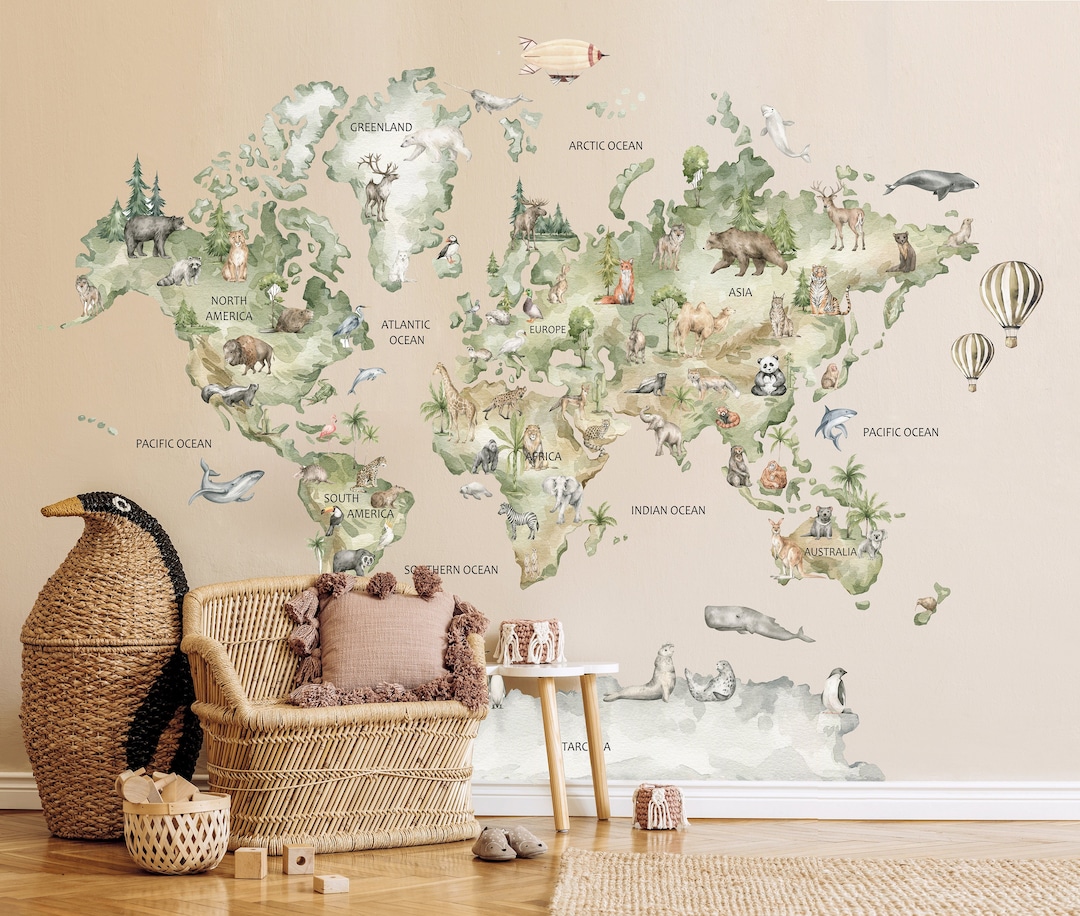 Animal World Map Wall Decal, Kids Nursery Decor - Etsy