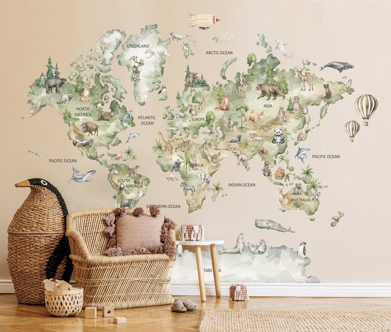 World Map Decal Kids Animal World Map World Map Decal Kids Etsy Australia