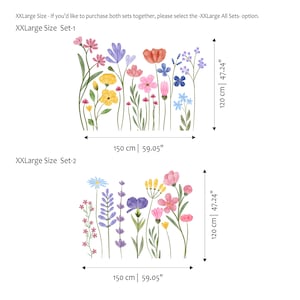 May include: Two sets of floral wall decals. Set 1 features colorful flowers, including pink, yellow, and purple blooms, measuring 150 cm wide and 120 cm tall. Set 2 has similar flowers, also 150 cm wide and 120 cm tall.
