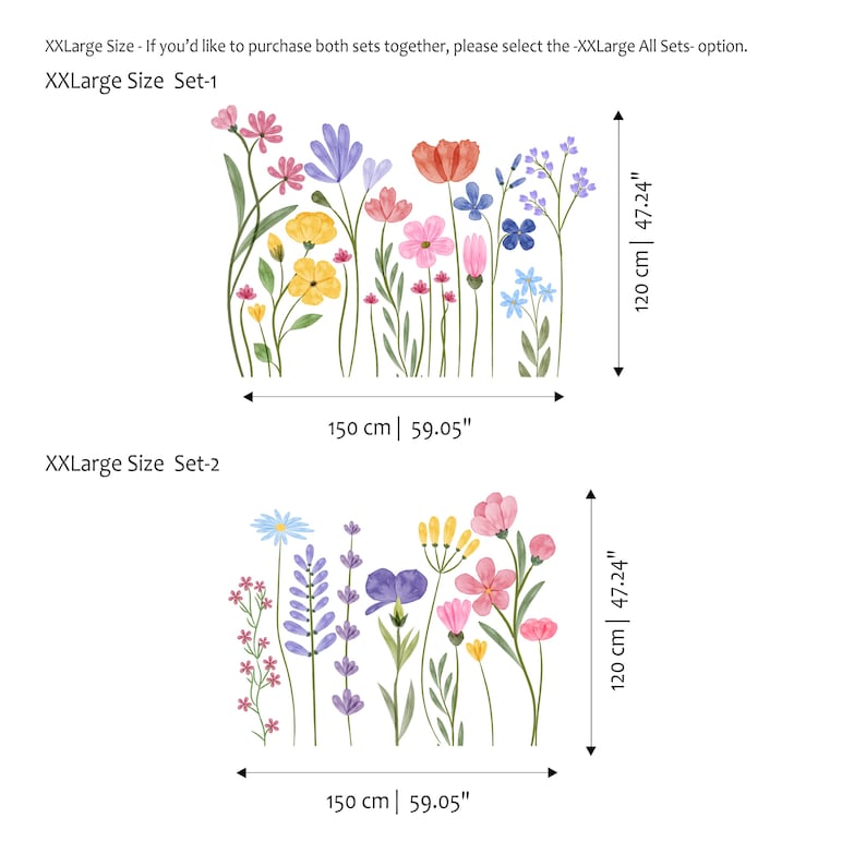 May include: Two sets of floral wall decals. Set 1 features colorful flowers, including pink, yellow, and purple blooms, measuring 150 cm wide and 120 cm tall. Set 2 has similar flowers, also 150 cm wide and 120 cm tall.