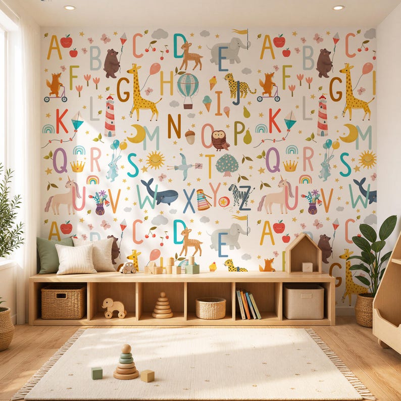 May include: A children's playroom with a colorful alphabet-themed wallpaper. The wall features letters, animals, and whimsical illustrations. A wooden storage unit with baskets and toys sits below. A rug and plants complete the inviting space.
