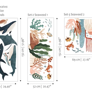 May include: XXLarge size wall decals featuring marine life and seaweed designs. Set-1 Animals includes whales, a turtle, and jellyfish, measuring 24.40" x 51.96". Set-2 Seaweed 1 and Set-3 Seaweed 2 feature coral and fish, measuring 20.47" x 51.96" and 27.16" x 28.74".
