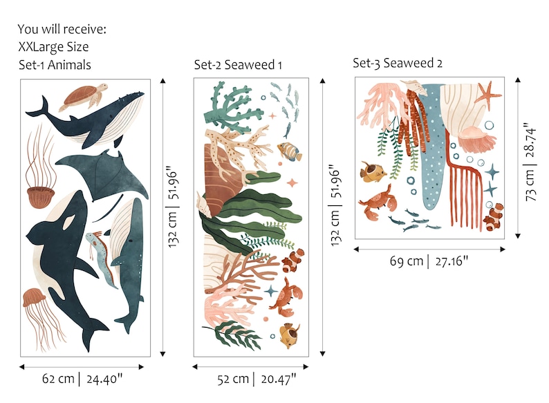 May include: XXLarge size wall decals featuring marine life and seaweed designs. Set-1 Animals includes whales, a turtle, and jellyfish, measuring 24.40" x 51.96". Set-2 Seaweed 1 and Set-3 Seaweed 2 feature coral and fish, measuring 20.47" x 51.96" and 27.16" x 28.74".