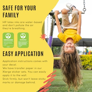 May include: A young child hanging upside down on a playground swing set. The image includes text that reads "Safe for Your Family" and "Easy Application". The text also mentions HP latex inks and application instructions.