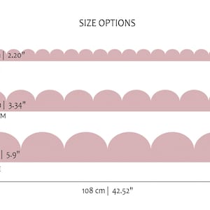 May include: Image showing three sizes of a scalloped border in a dusty rose color. The sizes are labeled Small (2.20" high), Medium (3.34" high), and Large (5.9" high). The total length is 42.52 inches. The text "SIZE OPTIONS" is at the top.