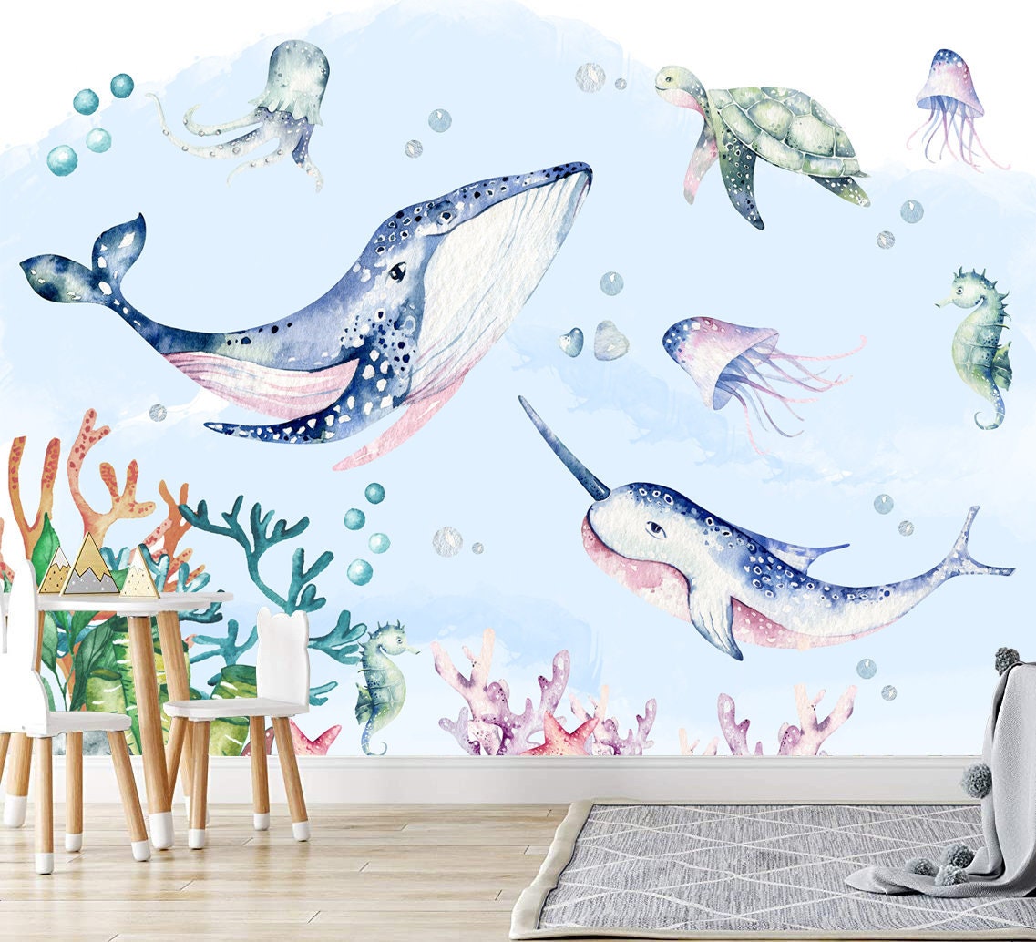 Whale Wall Decal, Kids Room Sticker, Ocean Wall Mural, Coral