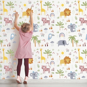 Jungle Wallpaper Kids , Watercolor Safari Animals, Tropical Removable Wall Mural, Peel and Stick,Nursery Kids Room Decor