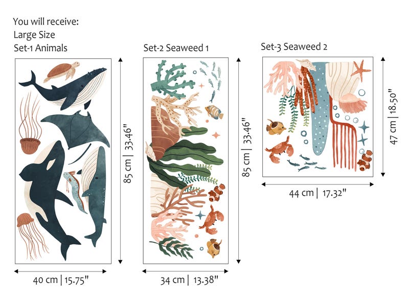 May include: Set of three large-size wall decals featuring marine life and seaweed designs. The first decal, 15.75" wide and 33.46" tall, showcases whales, a turtle, and jellyfish. The second, 13.38" wide and 33.46" tall, depicts seaweed. The third, 17.32" wide and 18.50" tall, shows fish and coral.