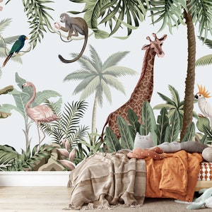 Jungle Wallpaper, Safari Animal Peel and Stick Wallpaper for Nursery , Kids Watercolour Giraffe Wall Mural