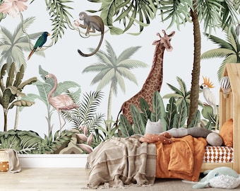 Jungle Wallpaper, Safari Animal Peel and Stick Wallpaper for Nursery , Kids Watercolour Giraffe Wall Mural