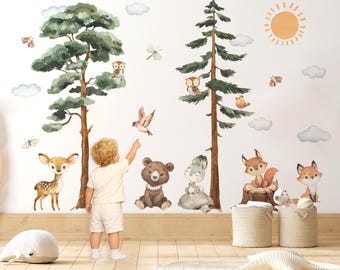 XXL Forest Animal Wall Decals Set, Woodland Nursery Wall Stickers, Large Baby Room Decor