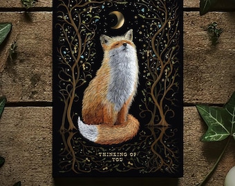 Fox Postcard "Thinking of You" | Love Greetings with Witchy Vibes | Gold Foil Embossing | Valentine