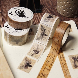 Washi Tape-set Donker Academia | 1x Washi Tape Stempels Vlinders + 1x Washi Tape Schriften | voor journaling, scrapbooking en decoratie
