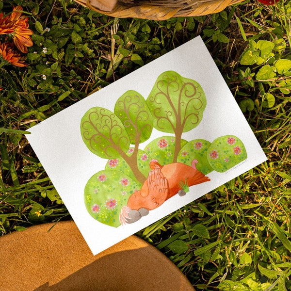 Postkarte Henne mit Küken | Gruß zum Muttertag | für Hühnerliebhaber | Mittagsschlaf im Sommergarten