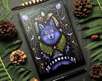 Witchy Gothic Notebook A5 with dot grid, lined or blank | black, 128 p. | Forest magic | Spirit animal wolf | Woodland creatures Journal