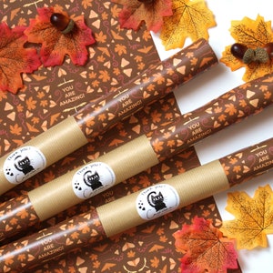 Könnte beinhalten: Vier Rollen braunes Geschenkpapier mit einem Herbstlaubmuster. Das Papier hat den Text "You are amazing!" darauf gedruckt. Jede Rolle hat einen schwarzen Katzenaufkleber mit dem Text "Thank you!" darauf.