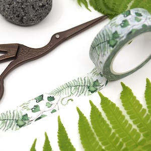 Washi tape met botanische varenillustraties - 15 mm x 10 m - groen/wit