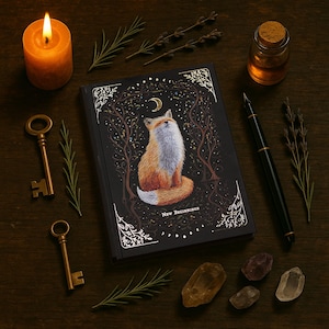 Witchy notebook "New Beginnings" with hand-painted fox illustration, gold foil moon phases and stars on black hardcover, A5 journal with Munken Pure paper.