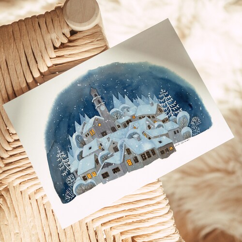 Christmas Card Winter Village in Snow – Watercolor Art Postcard – A6 Winter Illustration – Cozy Holiday Card