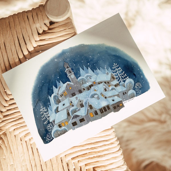 Weihnachtliche Postkarte - Winterdorf im Schnee - Aquarell DinA6 - Kunstpostkarte von Carasusán