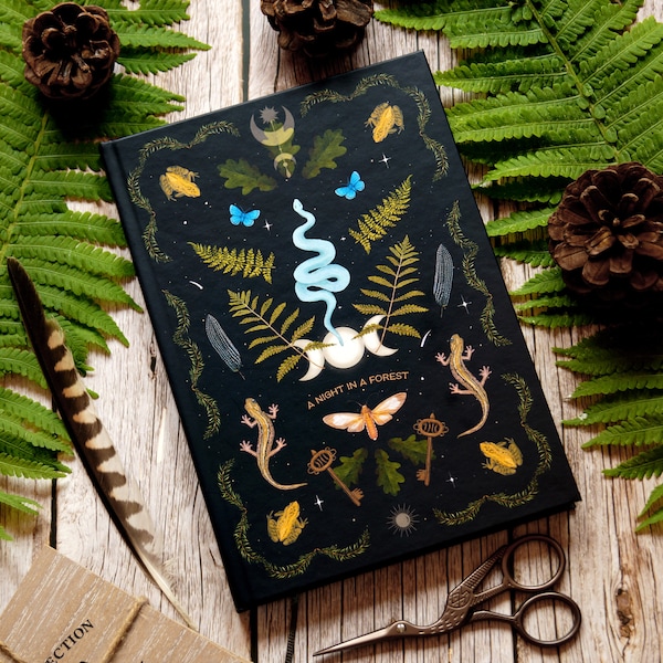 Dot grid Notebook | Forest Magic | black | 128 pages | ribbon bookmark | eco friendly recycled paper | bullet pattern, lined and blank