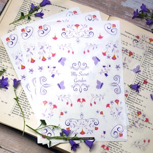 3 Stickerbogen Din A5 romantische lila Blumenranken, transparente Aufkleber, Cottagecore, Boho Sticker, Folklore, Bulletjournal Zubehör