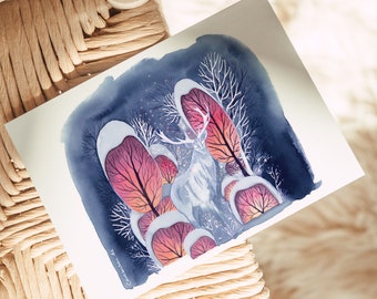 Postcard Deer in an Enchanted Forest | Din A6 | watercolor magical snow landscape | Winter painting nature | collect art postcards