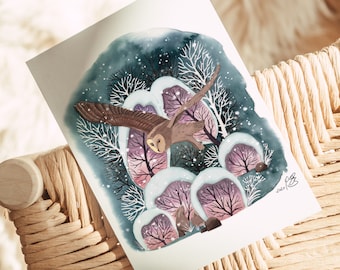 Art postcard 'Owl in winter forest' watercolor DinA6