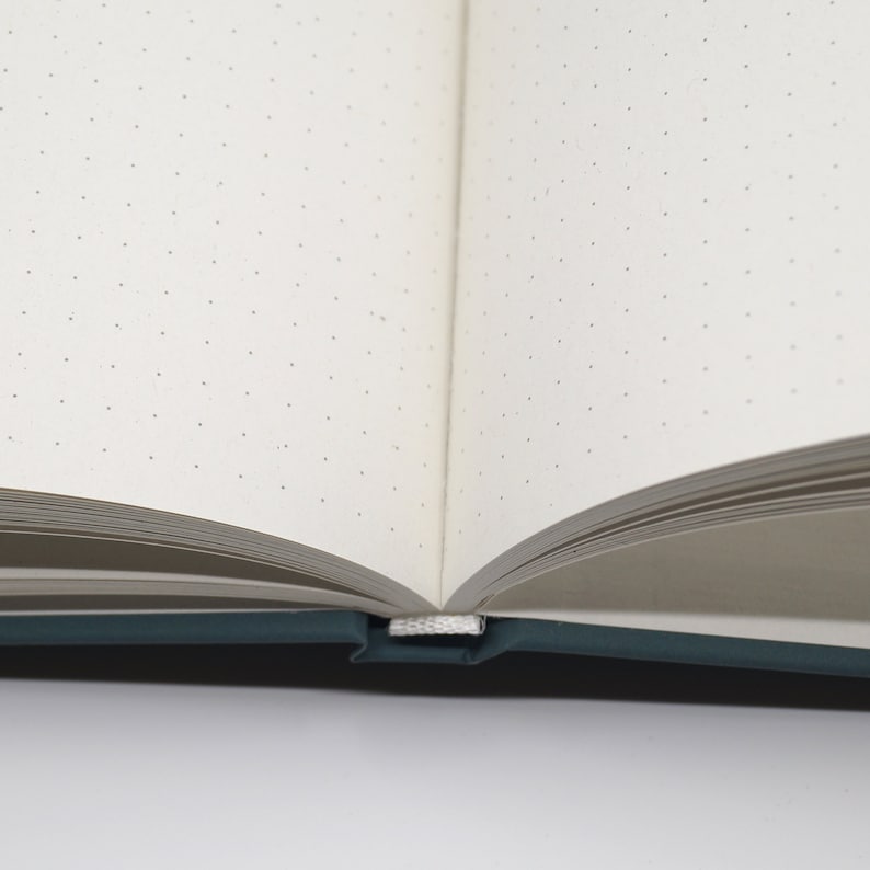 May include: Open notebook with dot grid pages. The pages are off-white and have small gray dots arranged in a grid pattern. The notebook has a teal cover and a white ribbon bookmark. The notebook is open, revealing the interior pages.