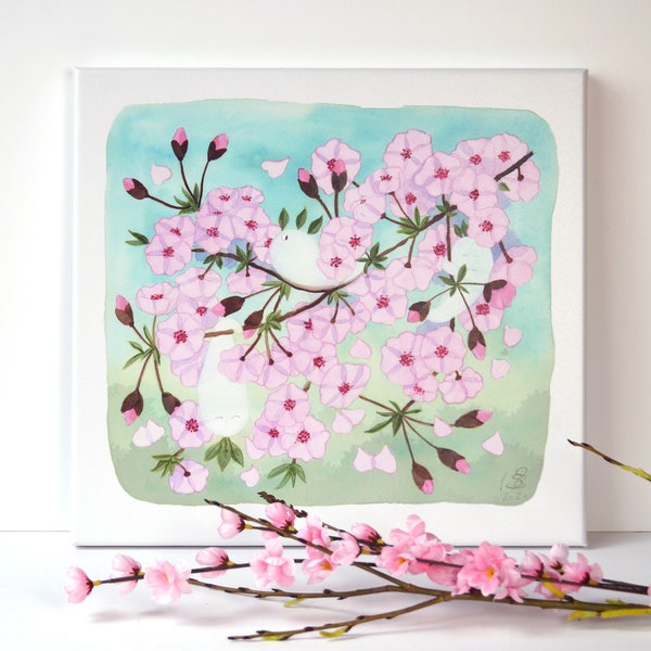 Canvas print cherry blossom Kodama | 40x40cm | Sakura spring decoration | Wall decoration nursery | Birth gift | Japanese lucky charm