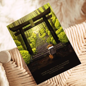 Postkarte mit Spruch zu Lebensweisheit | Shinto Torii - Weg der Götter | Gouache DinA6 | Ghibli Stil