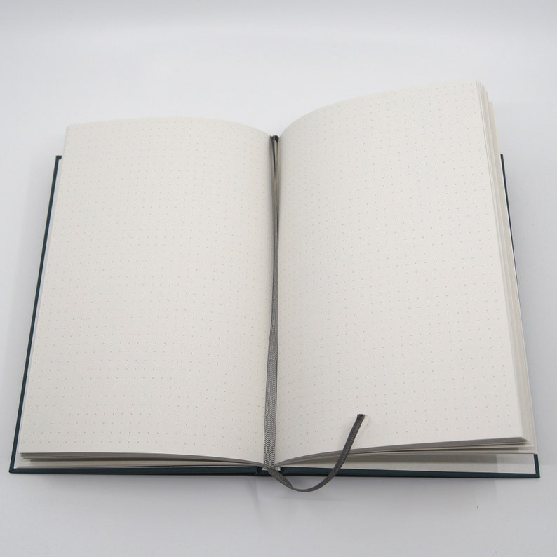 May include: An open, teal-colored journal with dot grid pages. A gray ribbon bookmark is inserted between the pages. The journal is on a white background.